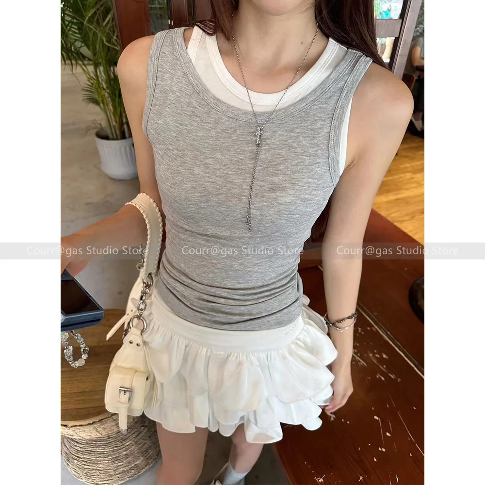 

Clashing colour splicing round neck sleeveless vest women's summer versatile casual halter tops