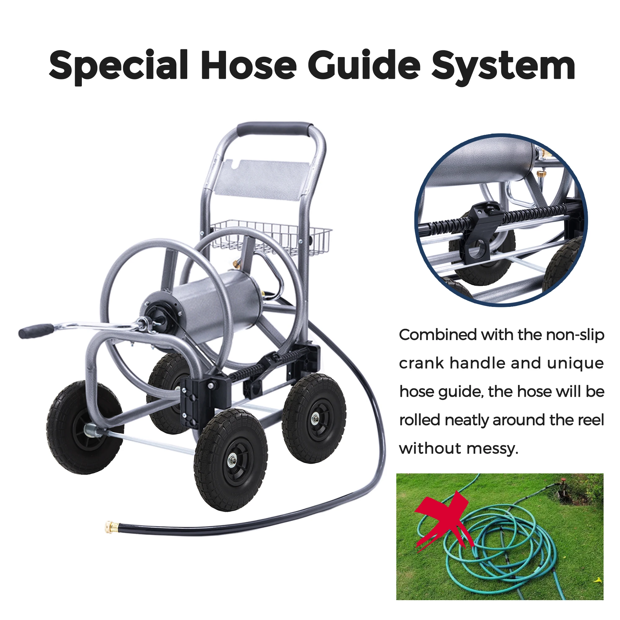Giraffe Tools Hose Reel Cart, Hose Cart with Wheels, Industrial Hose Reels for Outside, 250-Feet of 5/8