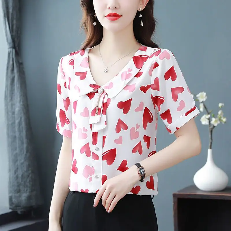 

Chiffon Blouse for Women Short Sleeved Summer New Style Tops for Middle Aged Mothers Fashionable Slimming