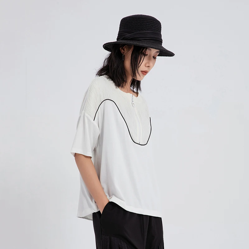 

Ladies Loose Fit round Neck Short Sleeve T-Shirt Summer Wear White Shoulder Drop Rope Drawstring Splice Design Casual Top