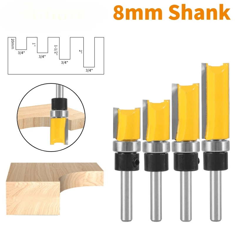 

4PCS 8mm Shank Template Trim Pattern Router Bit Set Woodworking Milling Cutter for Flush Trimmer Cleaning Edge Cutting Tool