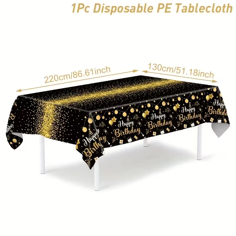 Single-Piece Set, Wedding Decoration, Outdoor Garden Decoration, Black and Gold Birthday Tablecloth, Happy Birthday Party Decora
