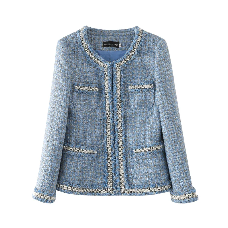 جديد تويد صغير الحلو الرياح الصغيرة مسمار حبة معطف قصير أزرق أنيق نمط فستان من الضباب يمكن تخصيص حجم #5