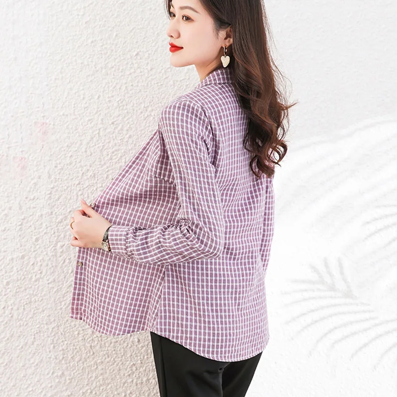 New Women Cotton Shirt Spring Autumn Fashion Turn-down Collar Single Breasted Slim Plaid Shirt Casual Simplicity Female Shirt