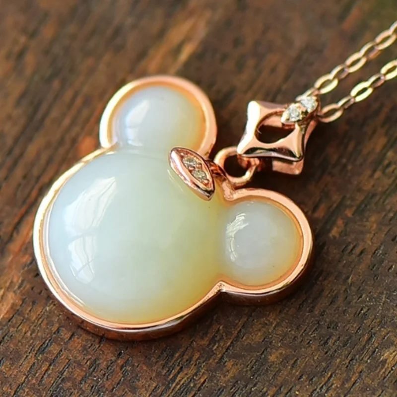 SGAIT Natural Hetian White Jade S925 Silver Mini Mickey Pendant 18*22mm Cute Design Fine Texture Fashion Versatile Necklace