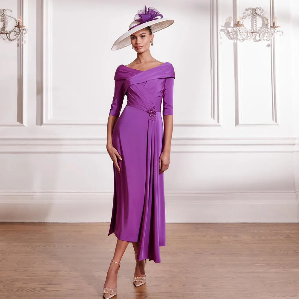 فساتين زفاف عمودية للنساء ميدي رقبة على شكل V مطرز بالخرز فستان أم العروس أنيق طول الشاي 3/4 كم رداء حفلات #1