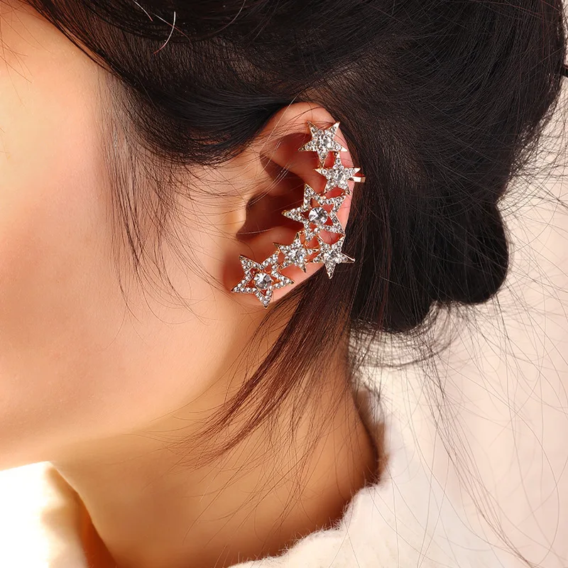 1PCS Fashion Crystals Stars Ear Clip Cuff Wrap Earrings No Piercing-Clip On Cartilage Wrap Earring for Women