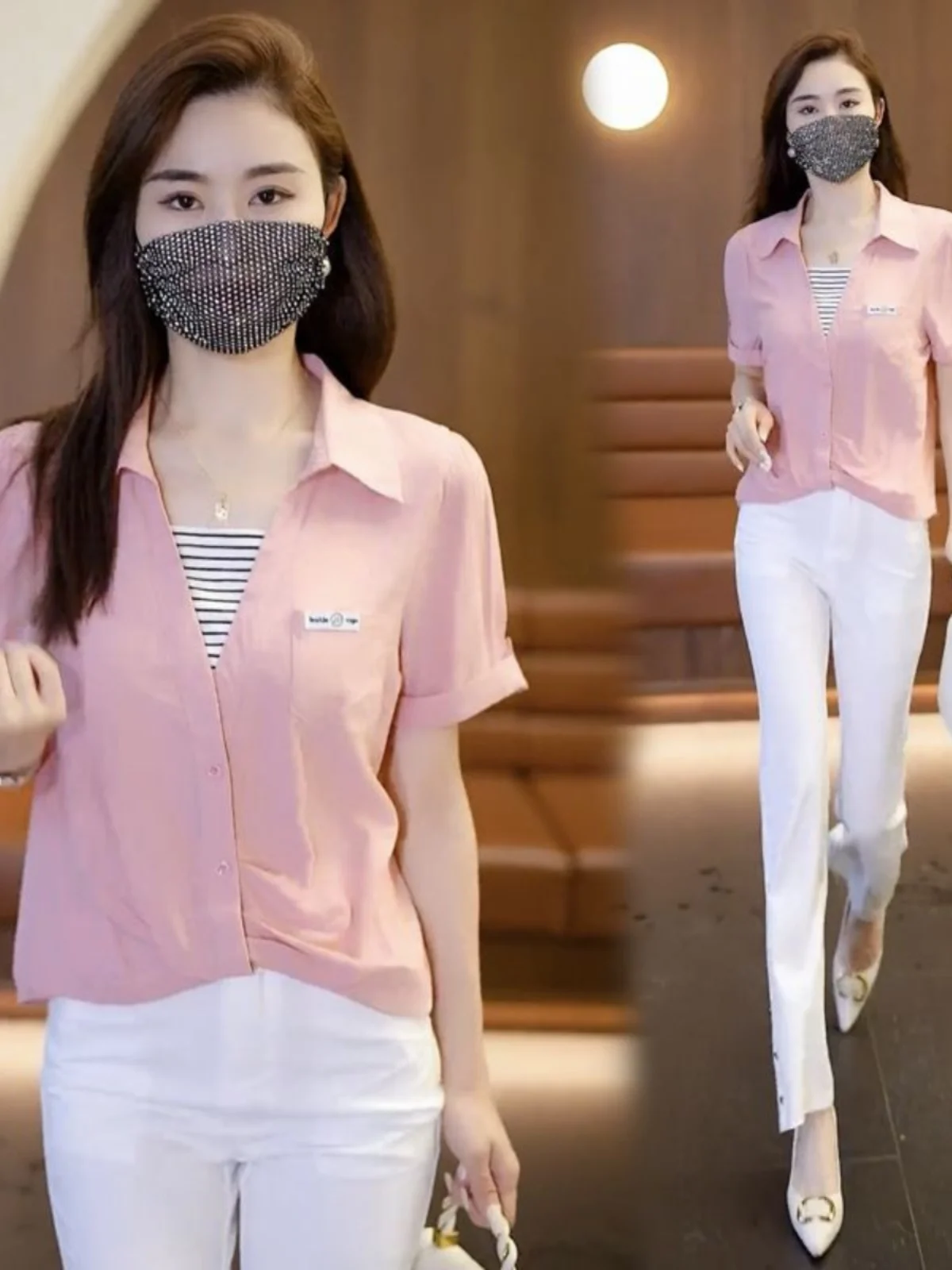 

Summer New Style Women's Neck Short Sleeve Shirt T-Shirt Fashionable Versatile Splice Prettiness Button Detail Casual Wear
