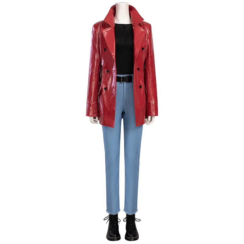 Cosplay Costume Movie Madame Web The Heroine Cathy's Red Leather Jacket Blue Jeans BlackT-shirt Belt Women's Suit