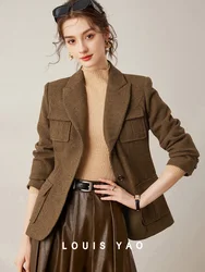 LOUIS YAO 2024 Winter Wool Blended Thick Coat Fashion British Style Flip Collar Symmetrical Pocket Slimming Suit Coat