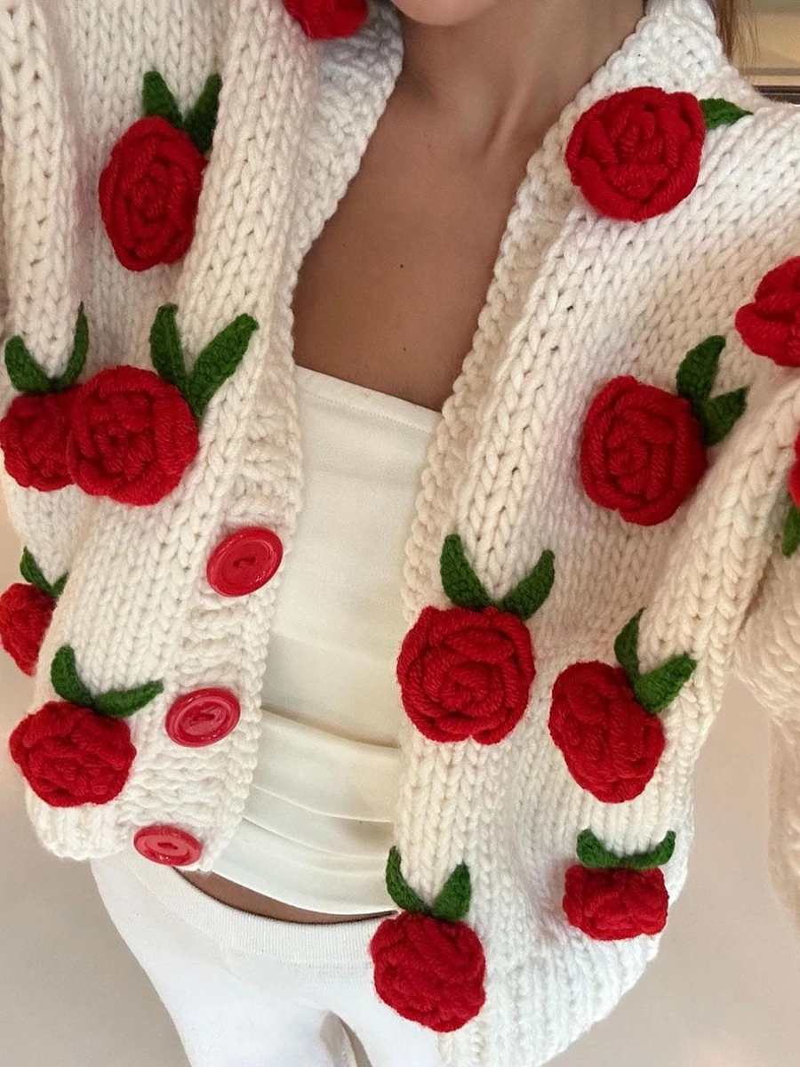 Women Knit Cardigan Fall Winter Warm Long Sleeve Flowers Button Closure Sweater Female Autumn Casual Knitwear Coat Streetwear