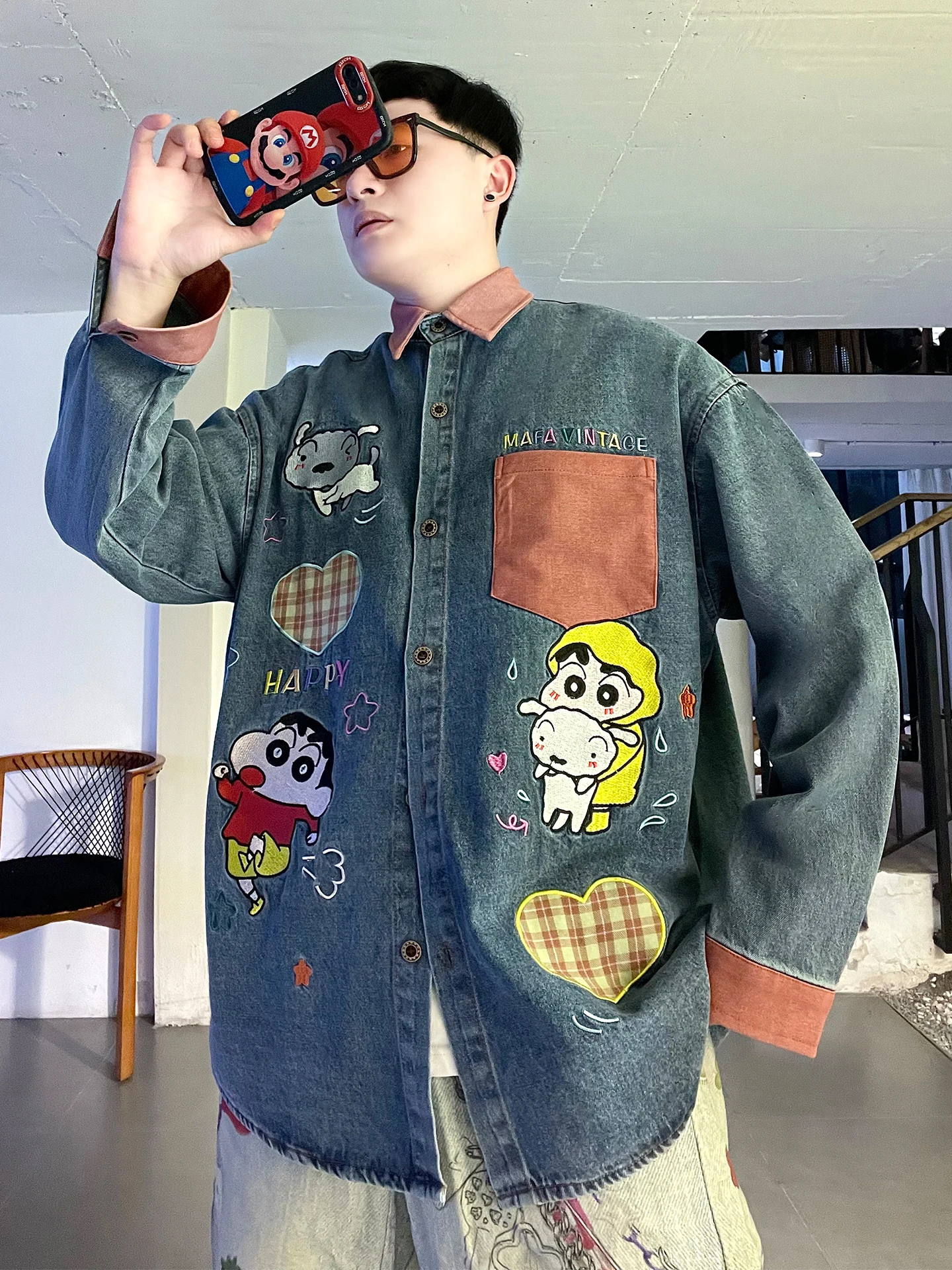 

Retro Loose Fit Long Sve Cartoon Embroidery Denim irt Men's Casual Comfortable Breathable Wear Resistant Versatile irt