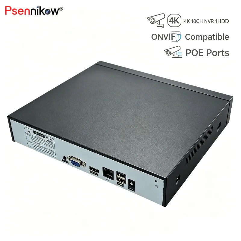 Видеорегистратор Psennikow 10/16/32CH 4K H.265 NVR с HDMI, VGA, обнаружением лиц, ONVIF, XMYEYE Pro, облачным хранилищем, P2P и удаленной системой видеонаблюдения