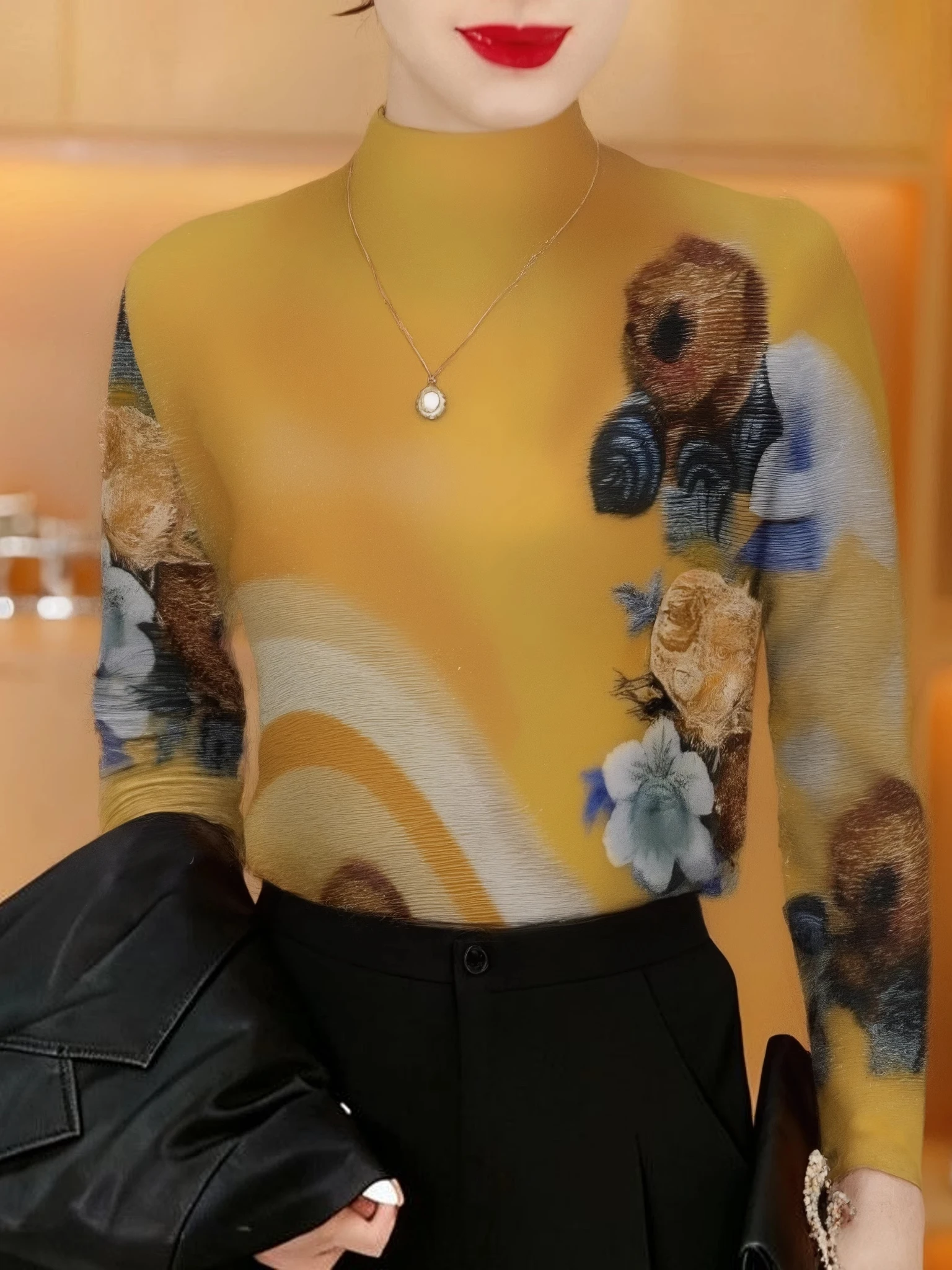 

Утепленная флисовая кофта с длинным рукавом и принтом для женщин среднего и старшего возраста, модный топ, скрывающий недостатки фигуры, с эффектом похудения, полувысокий воротник