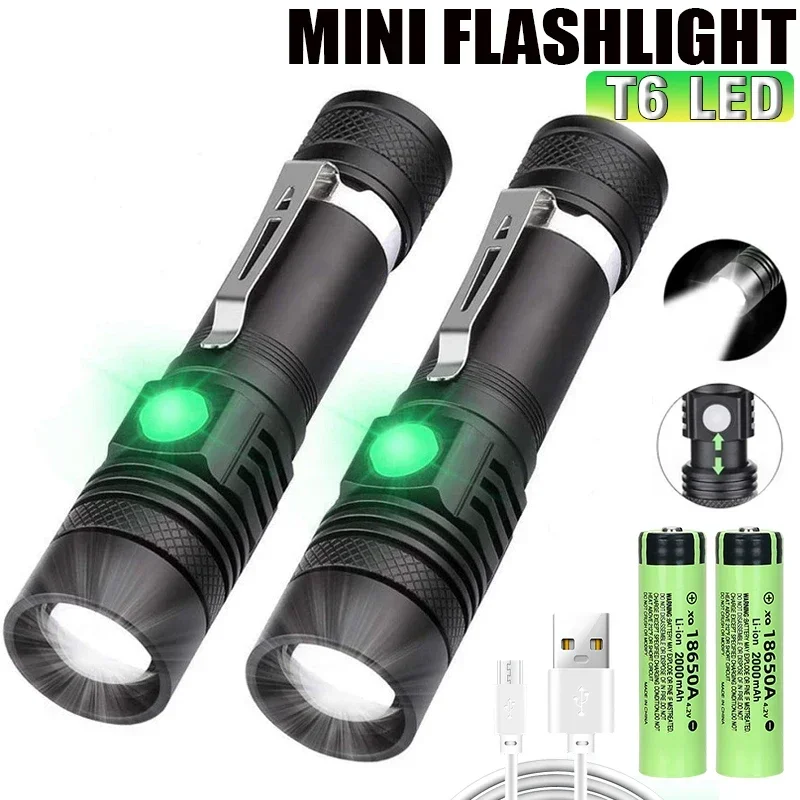 Super Bright T6 LED Lamp Beads Flashlight External 18650 Battery Flash Light  Waterproof Torch Zoom 3 Lighting Modes USB Charger