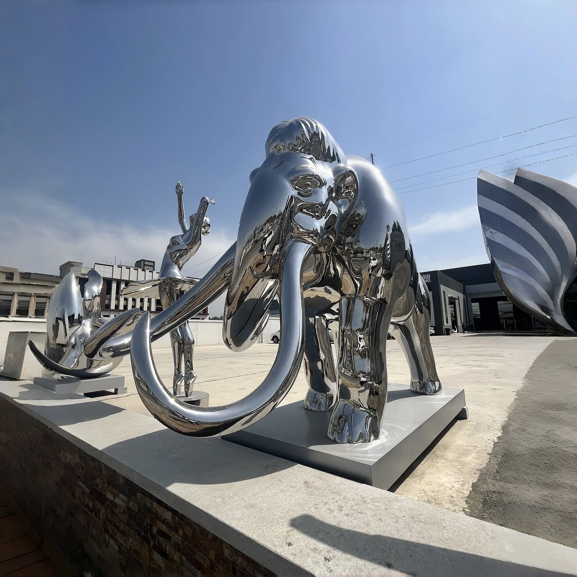 Modern Mirror Polished Stainless Steel Mammoth Sculpture Large Animal Statue Outdoor Garden Courtyard Landscape Decor