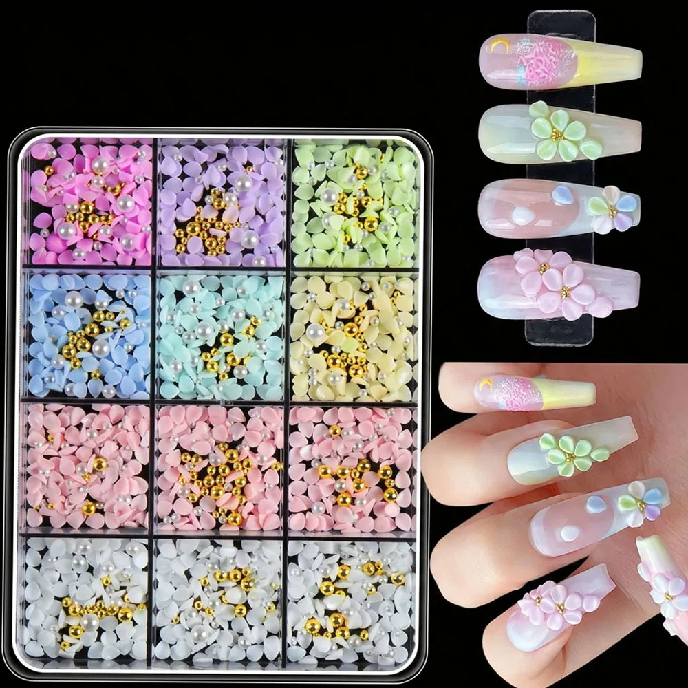 1 Box 3D Resin Macaron Small Petal Nail Charm Pink/White/Purple/Blue Floral Rhinestone Mixed Caviar Beads Manicure Decoration