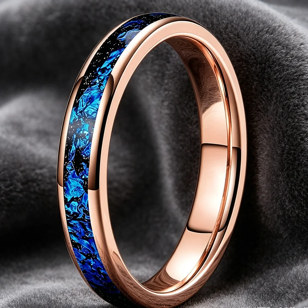 4mm Wolframcarbid-Eheringe mit blauer Folien-Einlage für Männer und Frauen, trendiger Verlobungsschmuck, poliert, glänzend, bequeme Passform – Detail 4