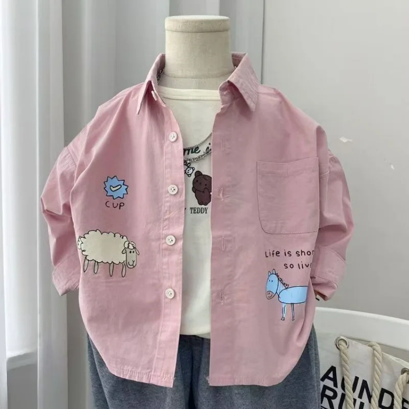 

Boys Pure Cotton Shirt For Spring and Autumn Wear 2025 New Style Children's Baby Cartoon Fashion Thin Shirt Long Sleeved Top