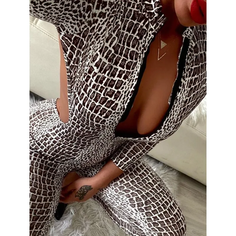 Krisnanas Women's Jumpsuit Sexy Silver Snakeskin Printed Wrap Tights Backless Long Sleeves Bodysuit Sportwear Gym Clothes 98657
