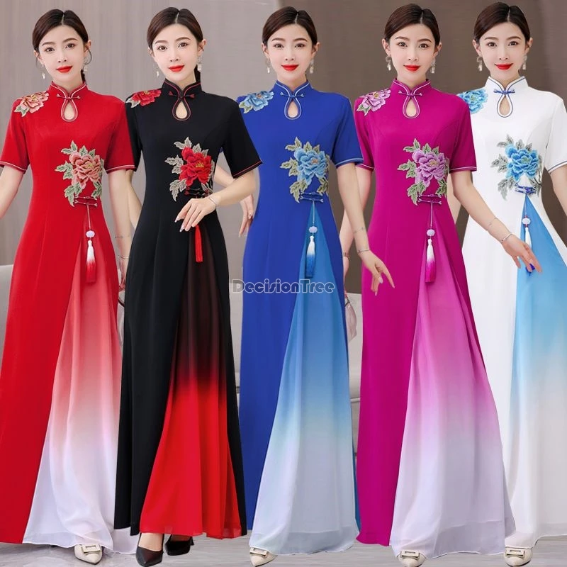 Gaun ao dai kinerja panggung perjamuan baru 2024 gaun peri temperamen retro Peningkatan qipao vestido bordir rumbai gaun gradien