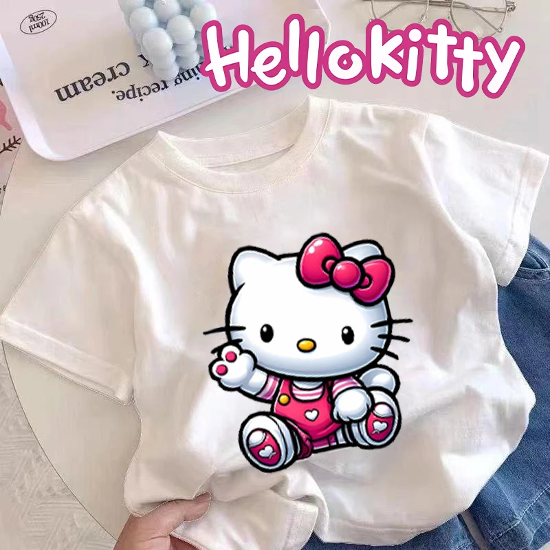 

Футболка Sanrio Hello Kitty, хлопковая одежда с короткими рукавами для девочек, милые летние рубашки с круглым вырезом для малышей, детская футболка на день рождения