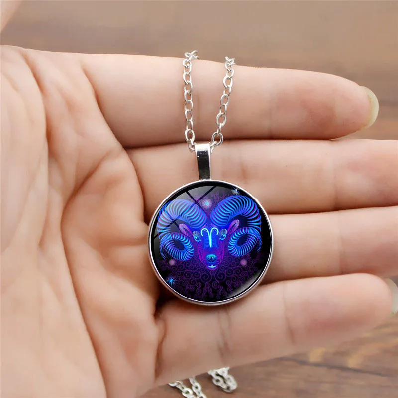 Glow In The Dark 12 Zodiac Signs Time Gem Pendant Necklace Vintage Sweater Chain Cute Jewelry Birthday Gift For Couples Students