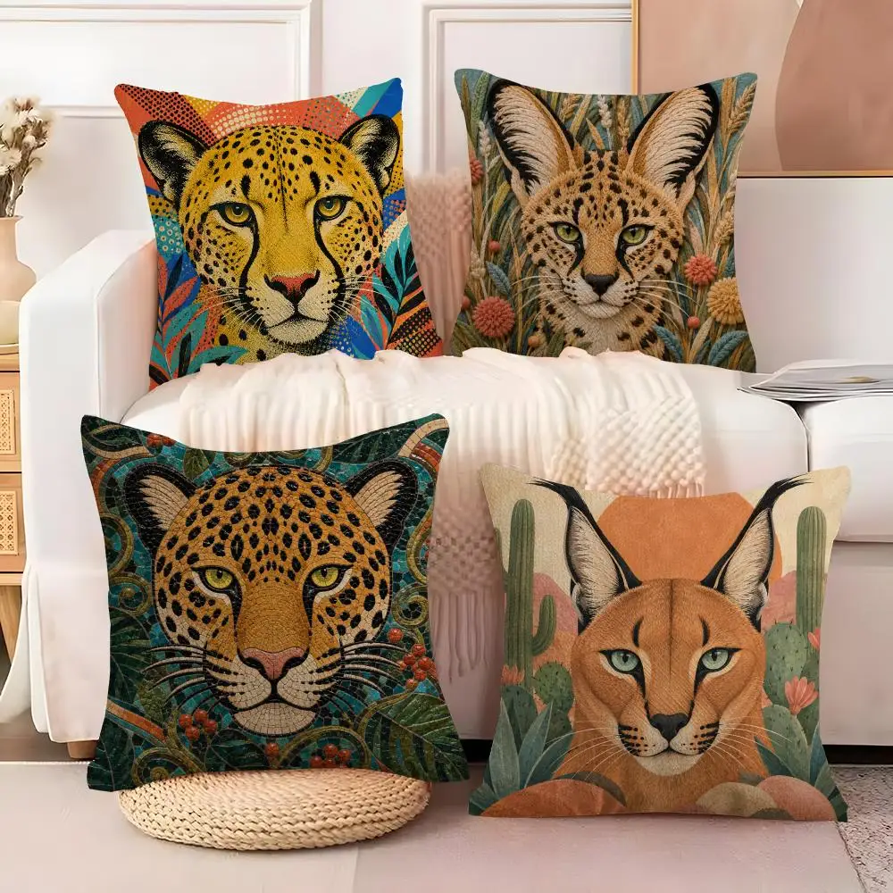 Wild Cat Wall Art Decor Cushion Cover Case Anti-dustmite Pillowcase Invisible zipper silky short plush Sofa cushion cover