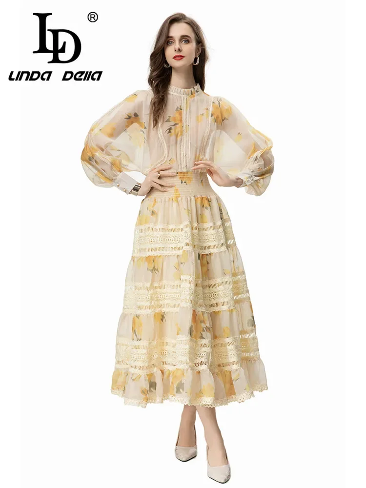 LD LINDA DELLA Fashion Designer Summer Dress Women\'s Bohemian Floral Print Chiffon Hollow Out Embroidery Elastic Waist Dresses