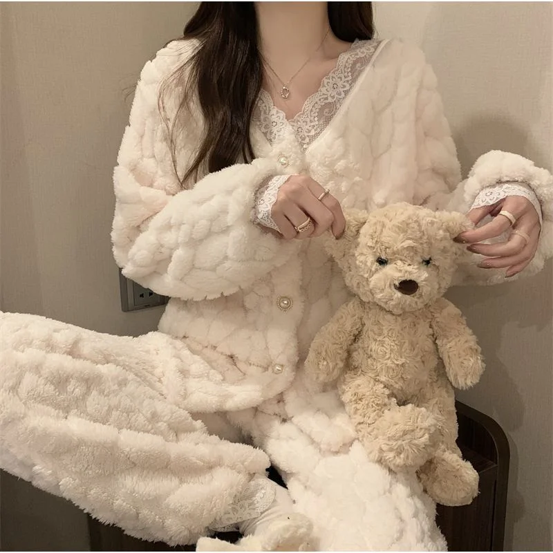 Lace Splicing Pajamas For Women Autumn And Winter Flannel Coral Fleece Thicke Warm Home Clothing Set Outwear 2-Piece Set Girl