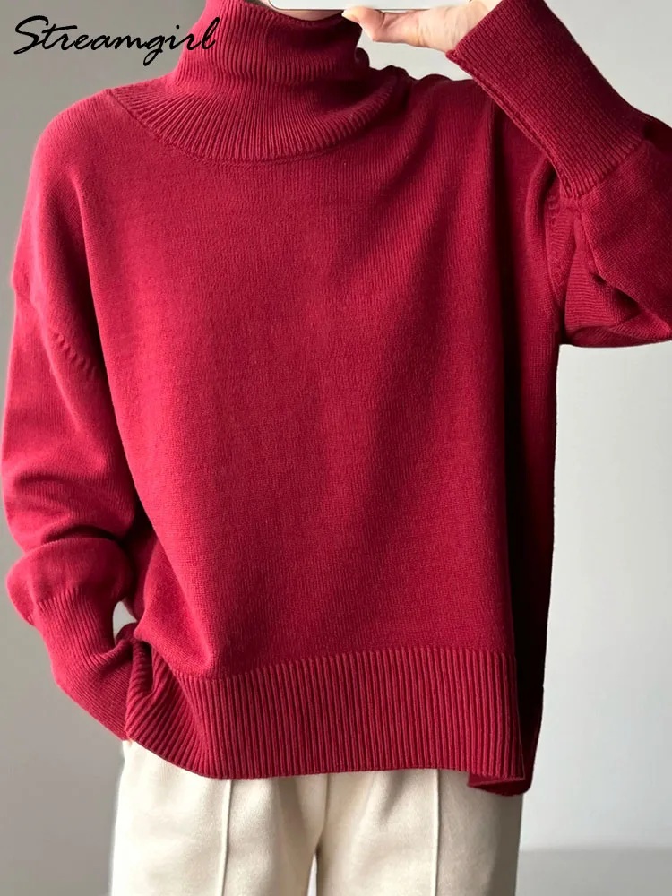 Oversized Winter Turtleneck Sweater Women Brown Pullovers Loose Basic Knit Christmas Jumper Warm Women Burgundy Sweater Oversize