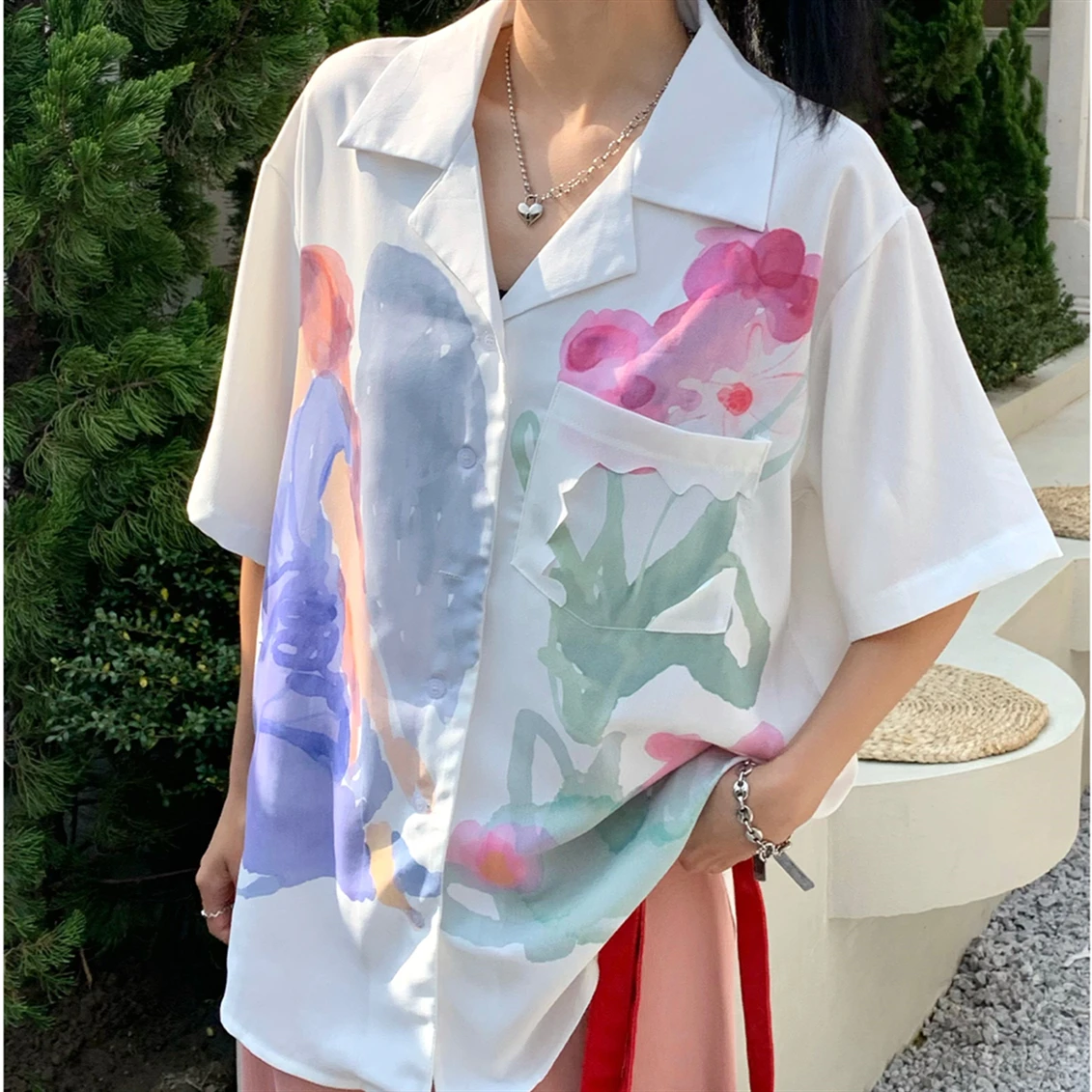 Ins Vintage Notched V-neck White Button Up Shirt Art Graffiti Oil Painting Flower Blouse Elegant Office Ladies Tops Loose Summer