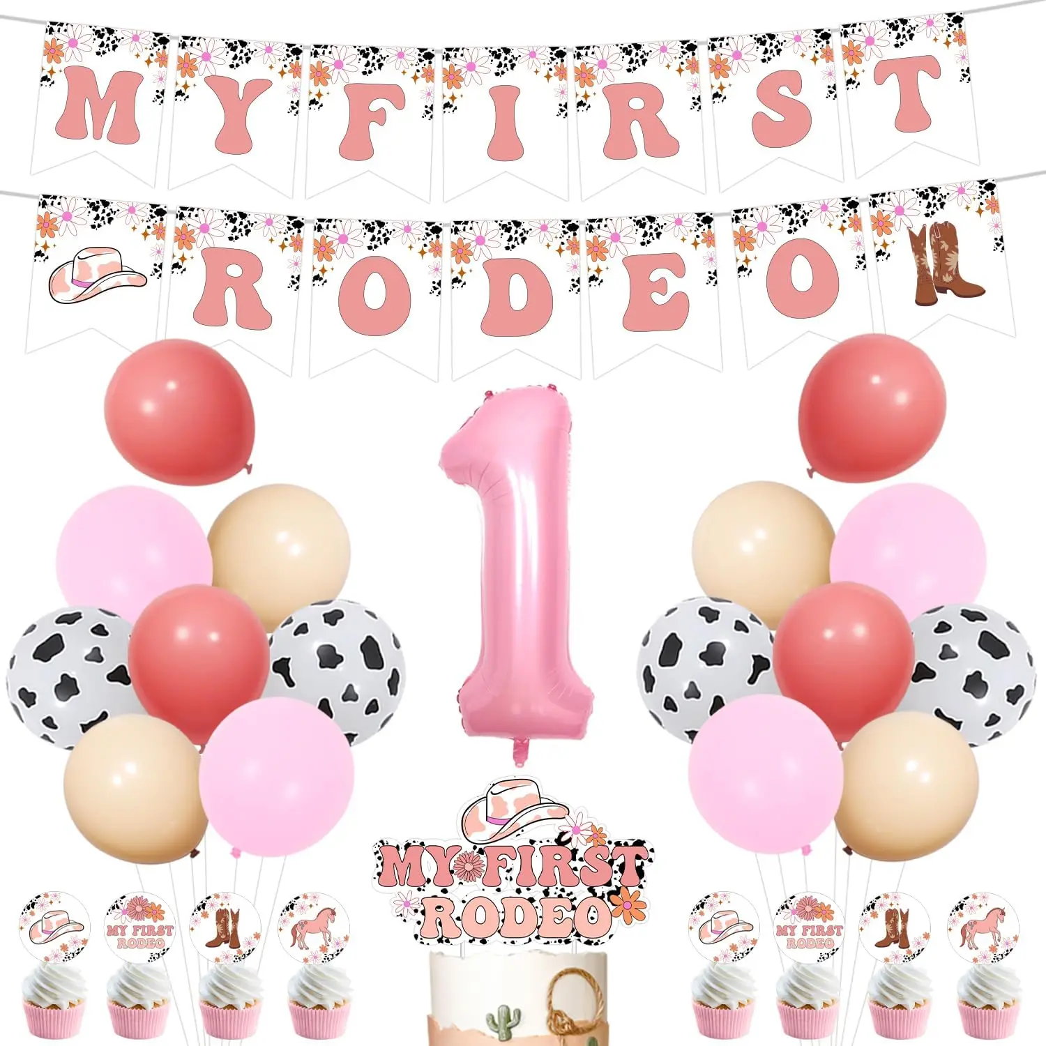 Sursurprise Groovy Cowgirl 1st Birthday Decorations Pink Western Cowgirl Cake Cupcake Toppers Latex Balloons Party Supplies