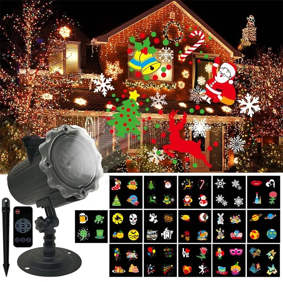 Holiday Projector Light Outdoor Halloween Christmas Projector Lights 16 HD Slides LED Waterproof Landscape Projector Spotlight