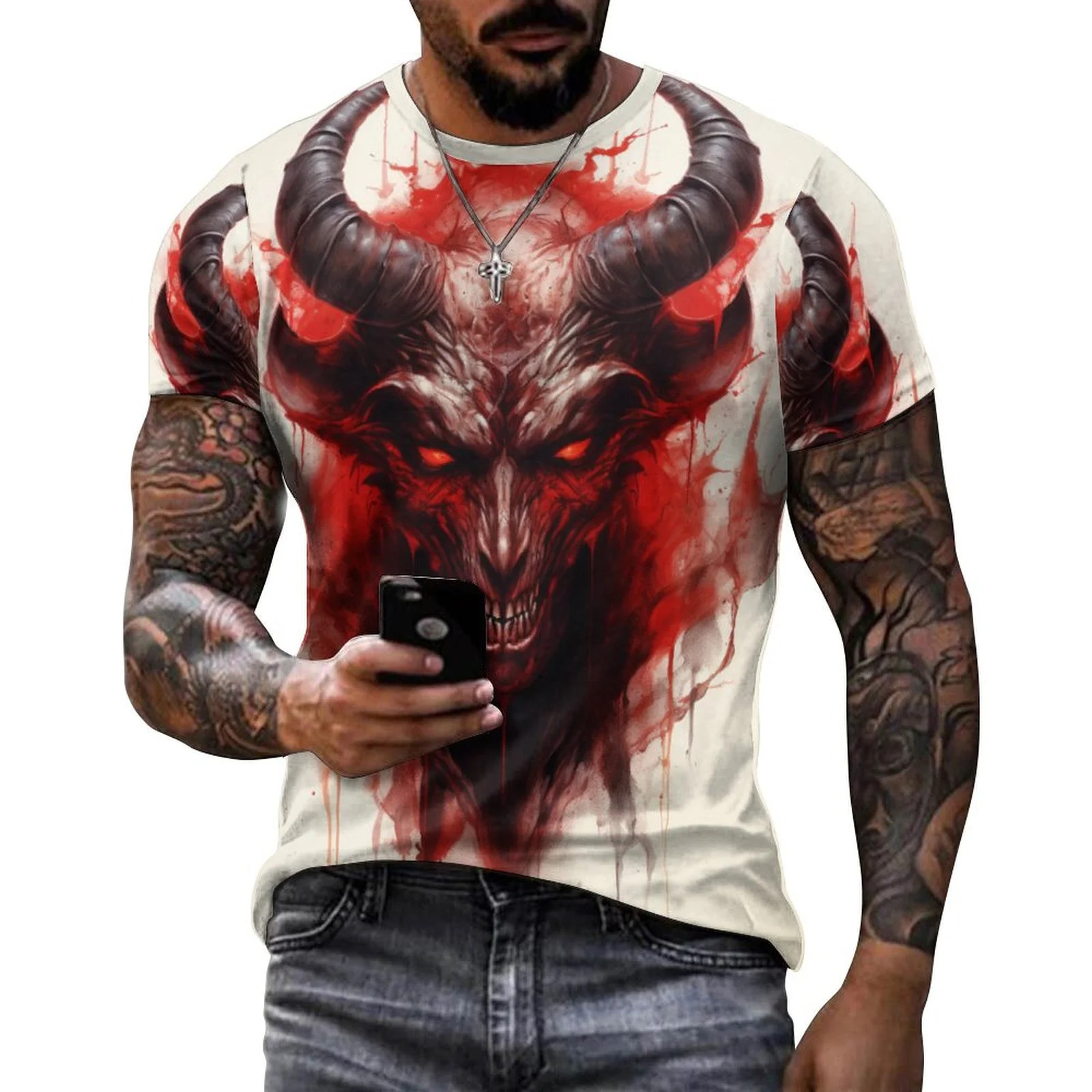 2024 Men's 3D Graffiti Devil Pattern T-shirt, Casual Cool Micro Stretch Breathable T-shirt, Outdoor Spring/Summer Men's Wear