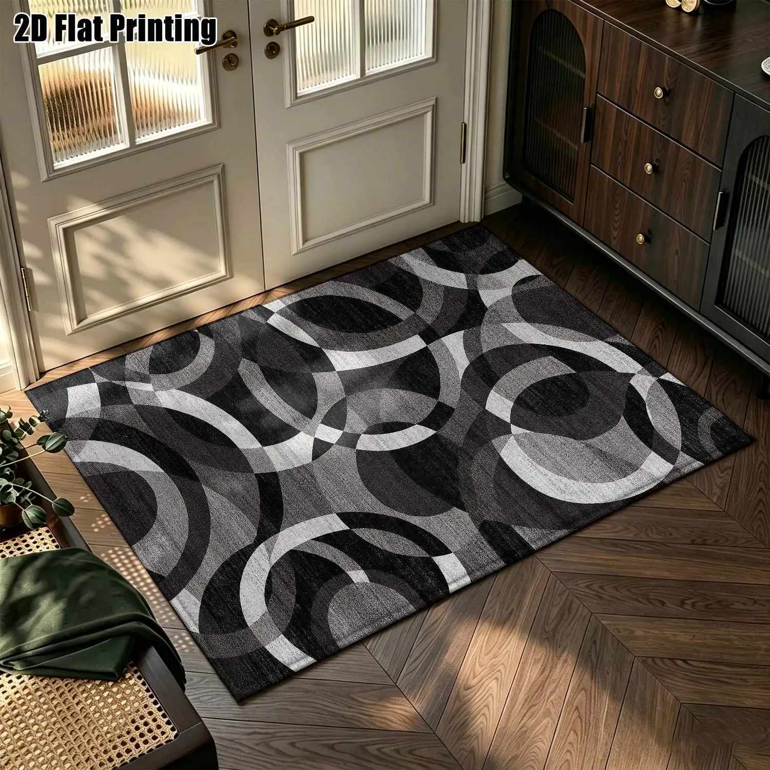 1Pc 2D Printed Black White Geometric Ring Pattern Nordic Carpet, Instagram-Inspired Modern Minimalist Abstract Art Floor Mat, Multi-Size Machine Washable Home Decor for Entrance, Dining, Foyer, Bedroom, Living Room