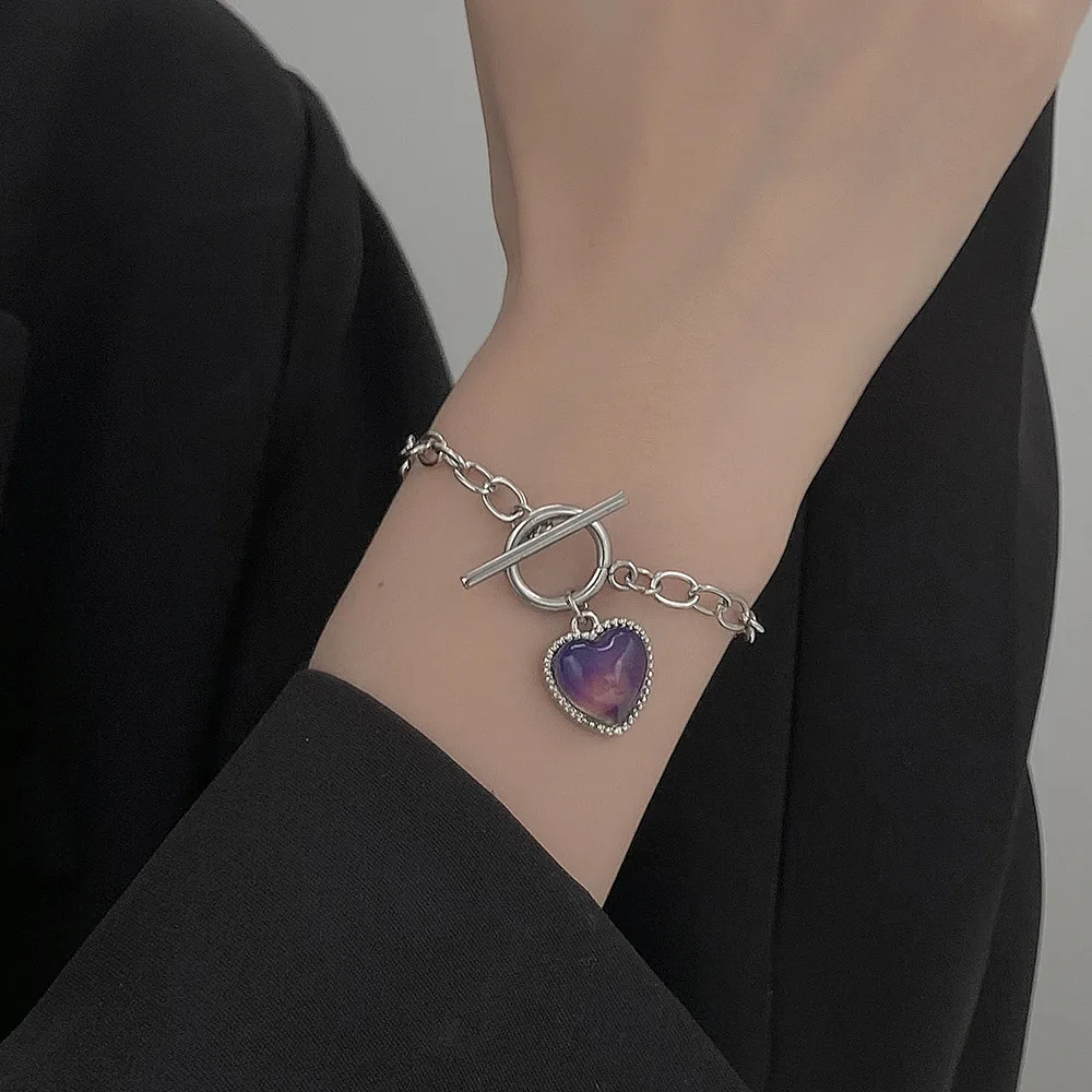 Mood Bracelet Colorful Heart Love Pendant Temperature Control Color Change Bracelets Stainless Steel Chain Jewellery Women Men