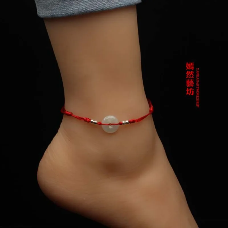 

Lucky Bead Red Rope Bracelet Anklet with Jade Ping An Kou for Couples Unisex Zodiac Year Luck Delicate Protection Charm Jewelry
