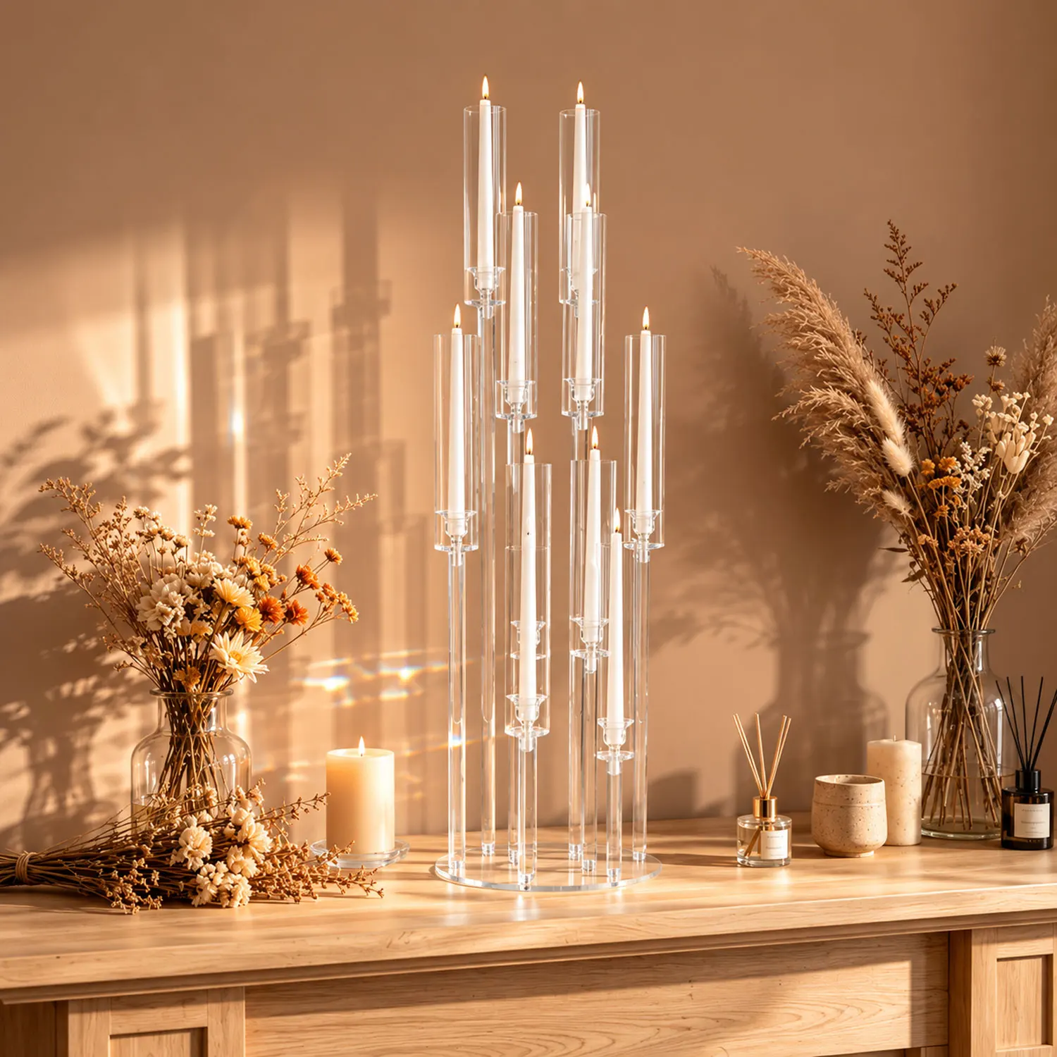 10 Arm Acrylic Candelabra Centerpieces 37.7 Inch Tall Floor Candlestick Holder with Lampshades for Wedding Table Decorations Party Event view 2