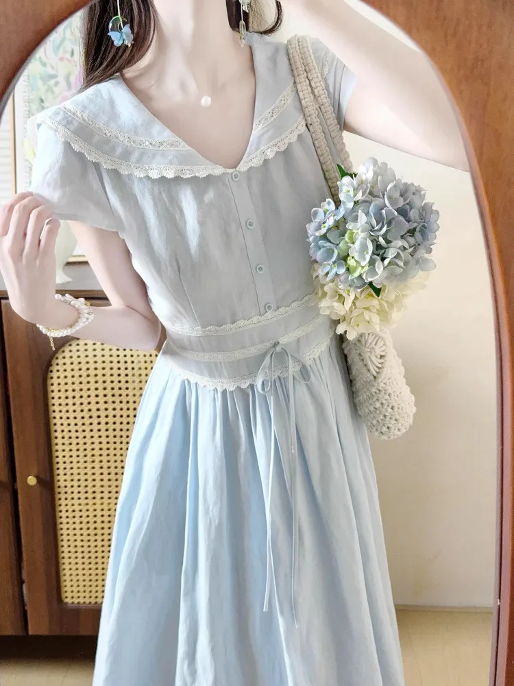 

Женское летнее платье Ele Blue Doll Collar 2026 с завышенной талией, стройнящее, длинное, во французском стиле, из полиэстера, А-силуэт