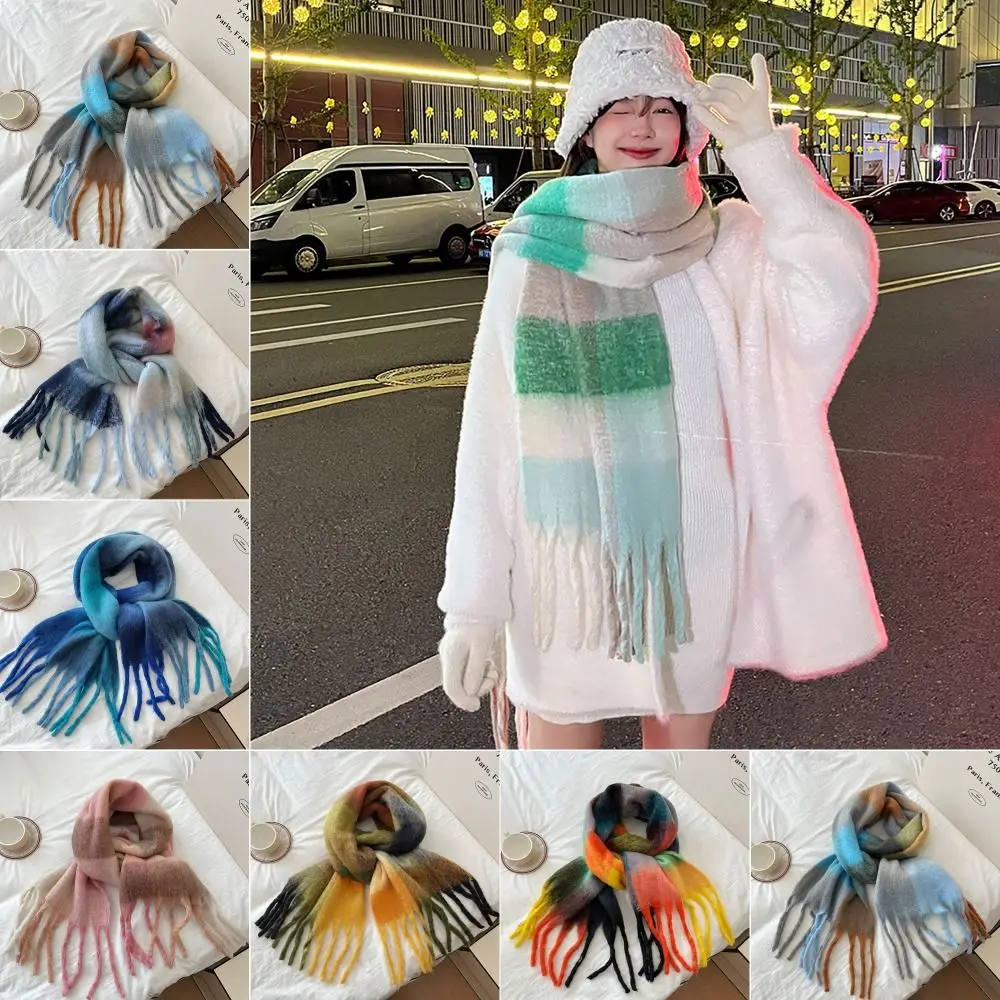 220x50cm Knitted Scarf Wool Tassel Thermal Neck Warmer All-match Lattice Splicing Design Long Scarves for Women Girls Maiden