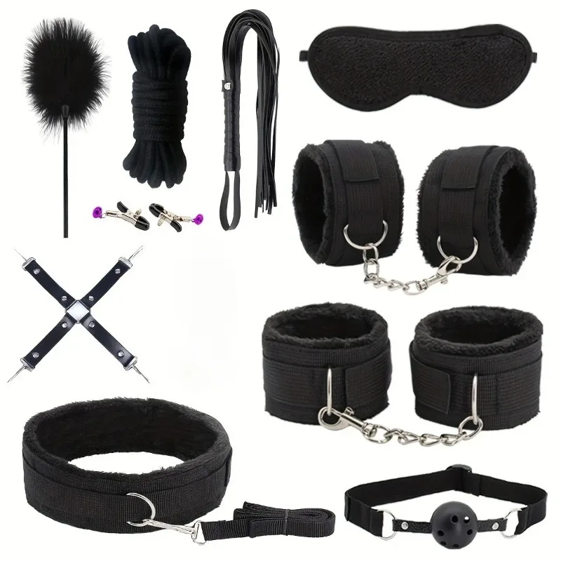 Soft Plush 11pcs Couple Bed Restraint Set,Comfortable Bondage Kit with Handcuffs Ankle Cuffs Collar Eye Mask view 6