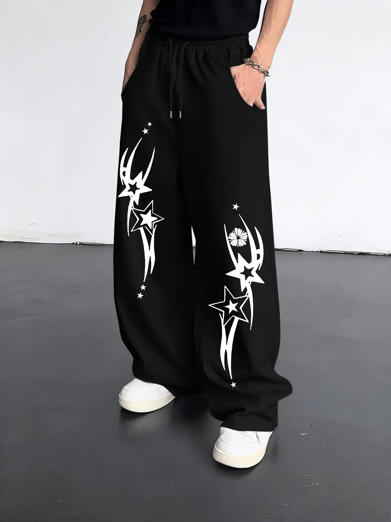 Y2K Millennium Style Starry Sky Pattern Wide-Leg Sweatpants, Double-Sided Asymmetrical Meteor Print, Unisex Versatile Long Pants