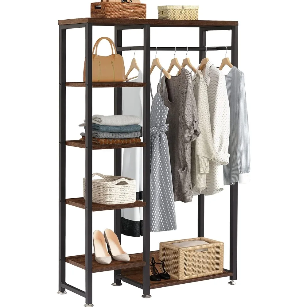 Open Garment Clothing Rack, Free-Standing Heavy Duty Storage Closet with 5 Shelves and Hanging Rod for Small Spaces