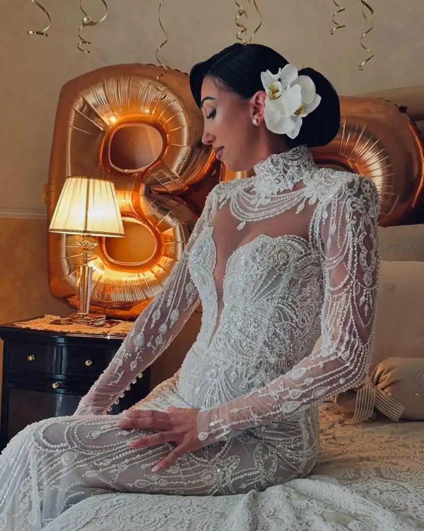 2 Pieces Mermaid Wedding Dresses With Corset Beads Lace Appliques Long Sleeve Bridal Gowns Customized Plus Size