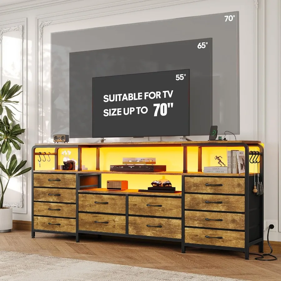 Suporte de tv para tv 65 70 polegadas, centro de entretenimento de 63 w com tomada de energia, luz led, cômoda longa com 12 gavetas de tecido para quarto