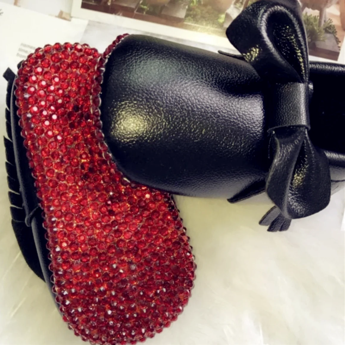 Dollbling Red Crystal Sole Sparkling Custom Rhinestones Leather Girls Ballet Dress Shoes for Toddler Bling Baby Moccasins