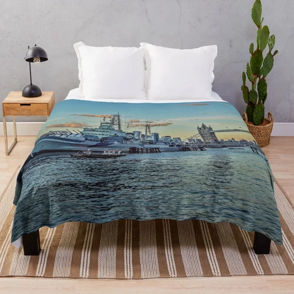 #321 HMS Belfast and Tower bridge in London Throw Blanket sofa bed Plush Decoratives Sofa Blankets