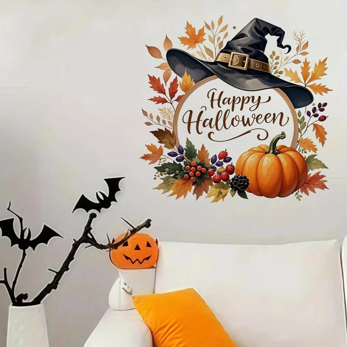 Vintage Watercolor Halloween Wreath Wall Sticker Finished Size 37x37cm Warm‑Tone Autumn Style Soft And Gentle