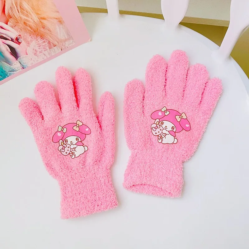 Sanrio-guantes cálidos de Hello Kitty Kuromi Melody Kawaii para niña, guantes gruesos de felpa para invierno, guantes de dedo a prueba de frío, regalo de Navidad